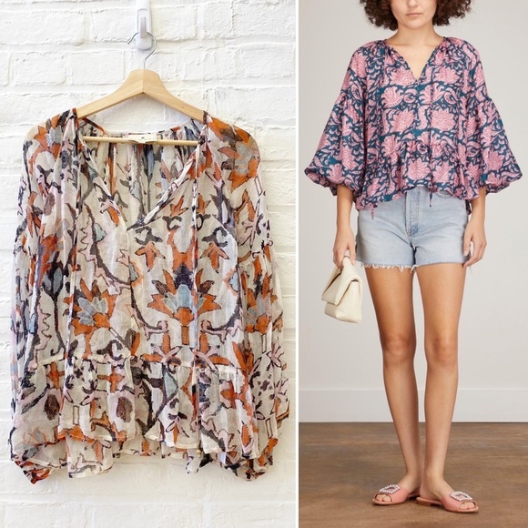 Hannah Artwear || Mirabella Tie Neck Puff Sleeve Top Floral Sheer Ivory 1 US 4 - Picture 1 of 10